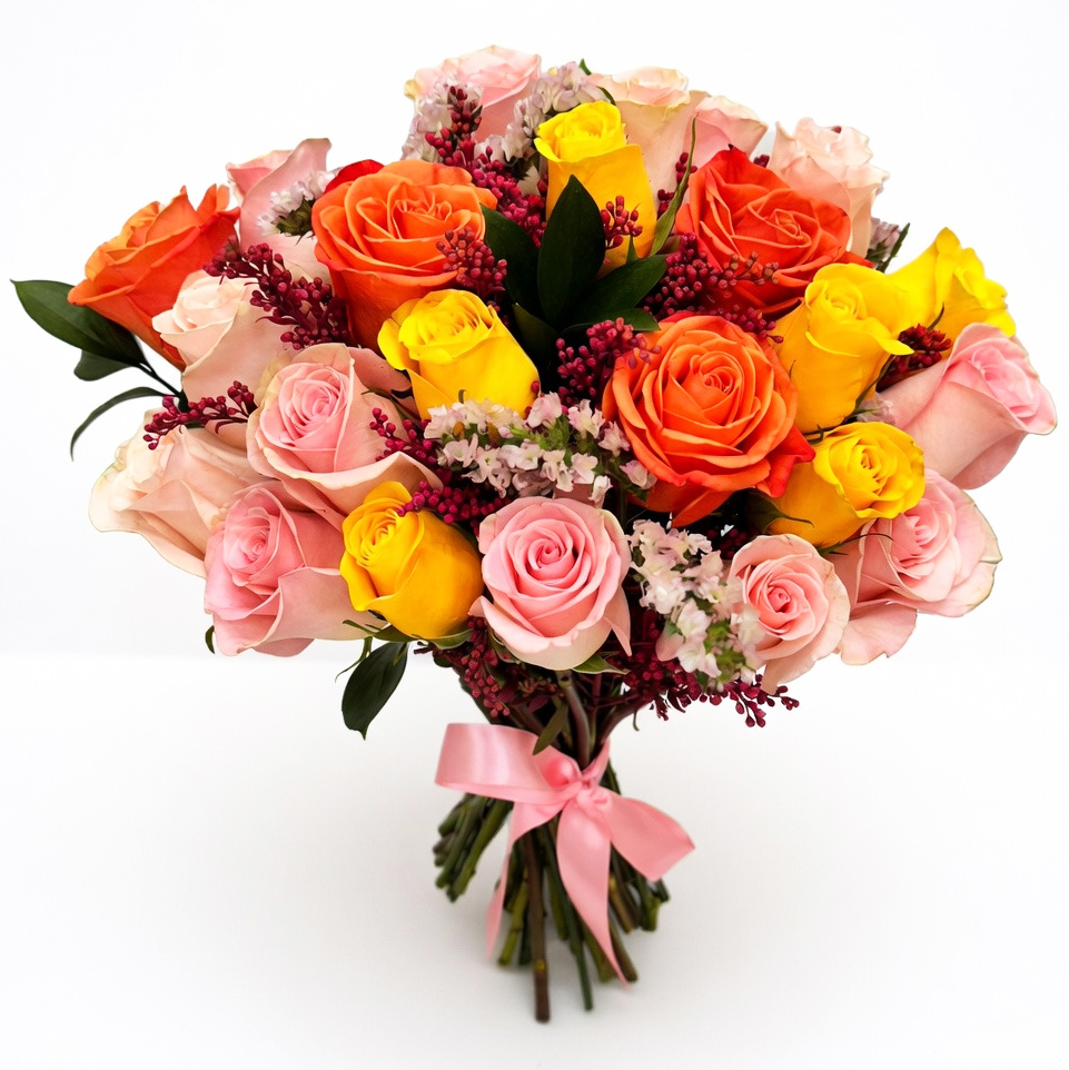 A bouquet with pink, yellow and coral roses