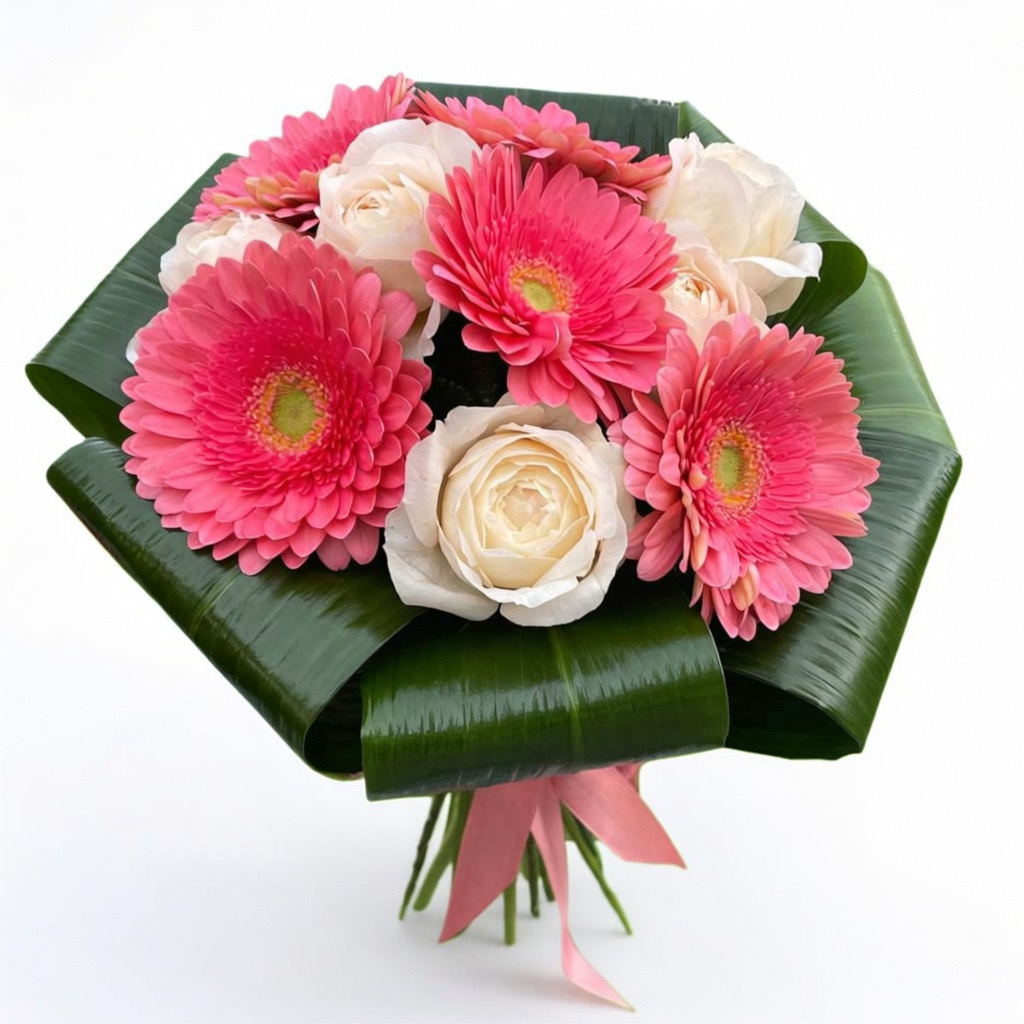 A bouquet of cream roses and pink gerberas