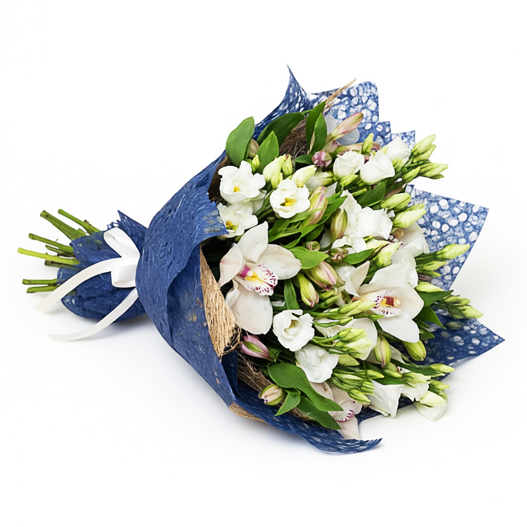 A white bouquet of orchids, alstroemerias, and lisianthus