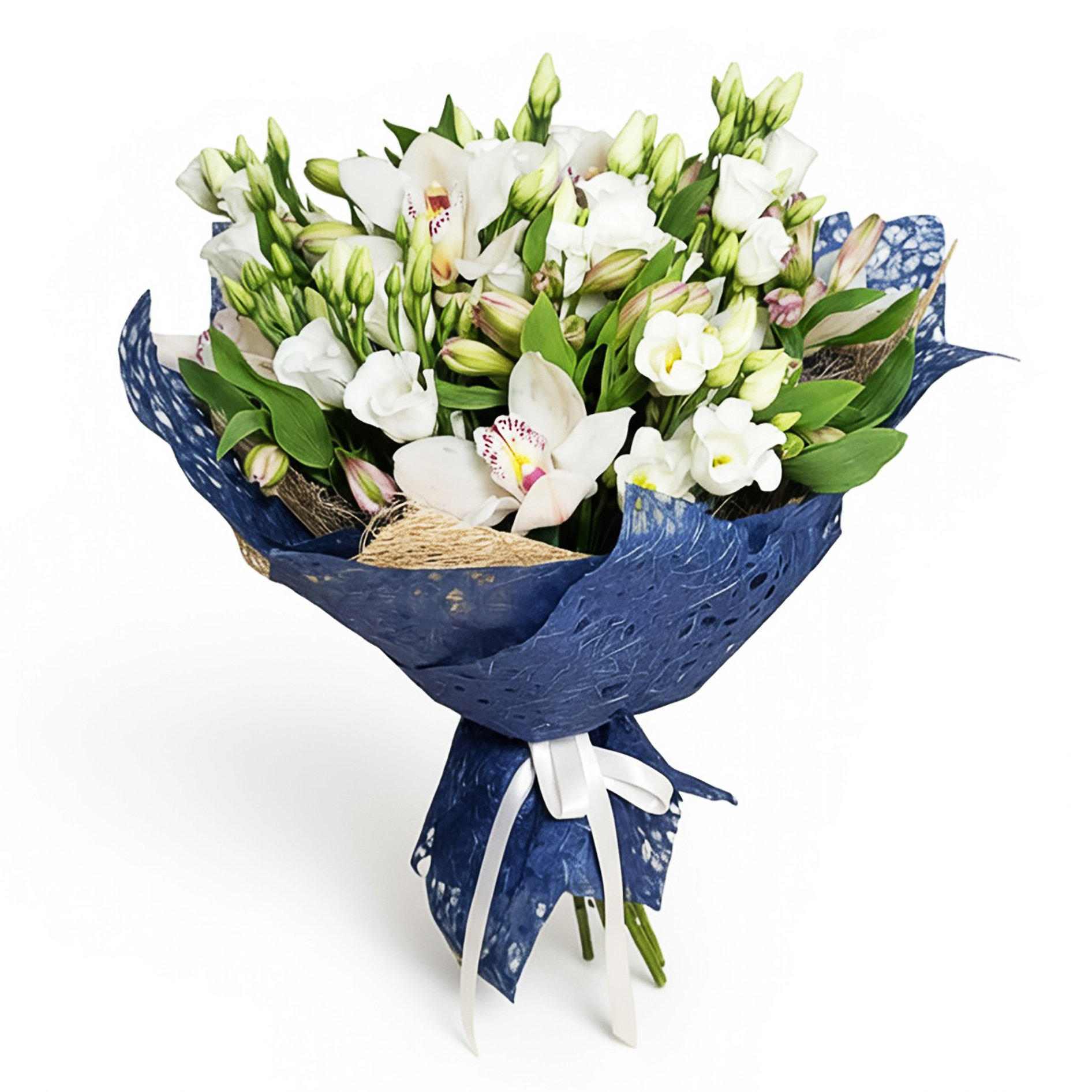 A white bouquet of orchids, alstroemerias, and lisianthus