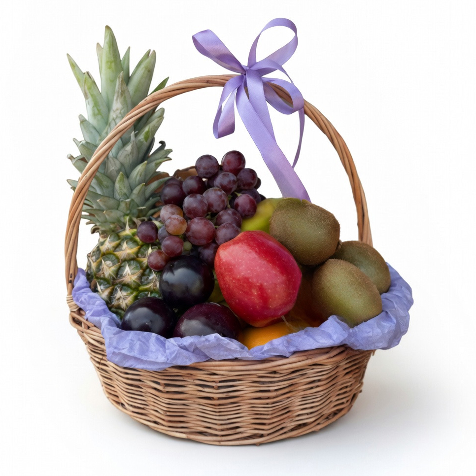 Fruit basket with pineapple, kiwi, and grapes